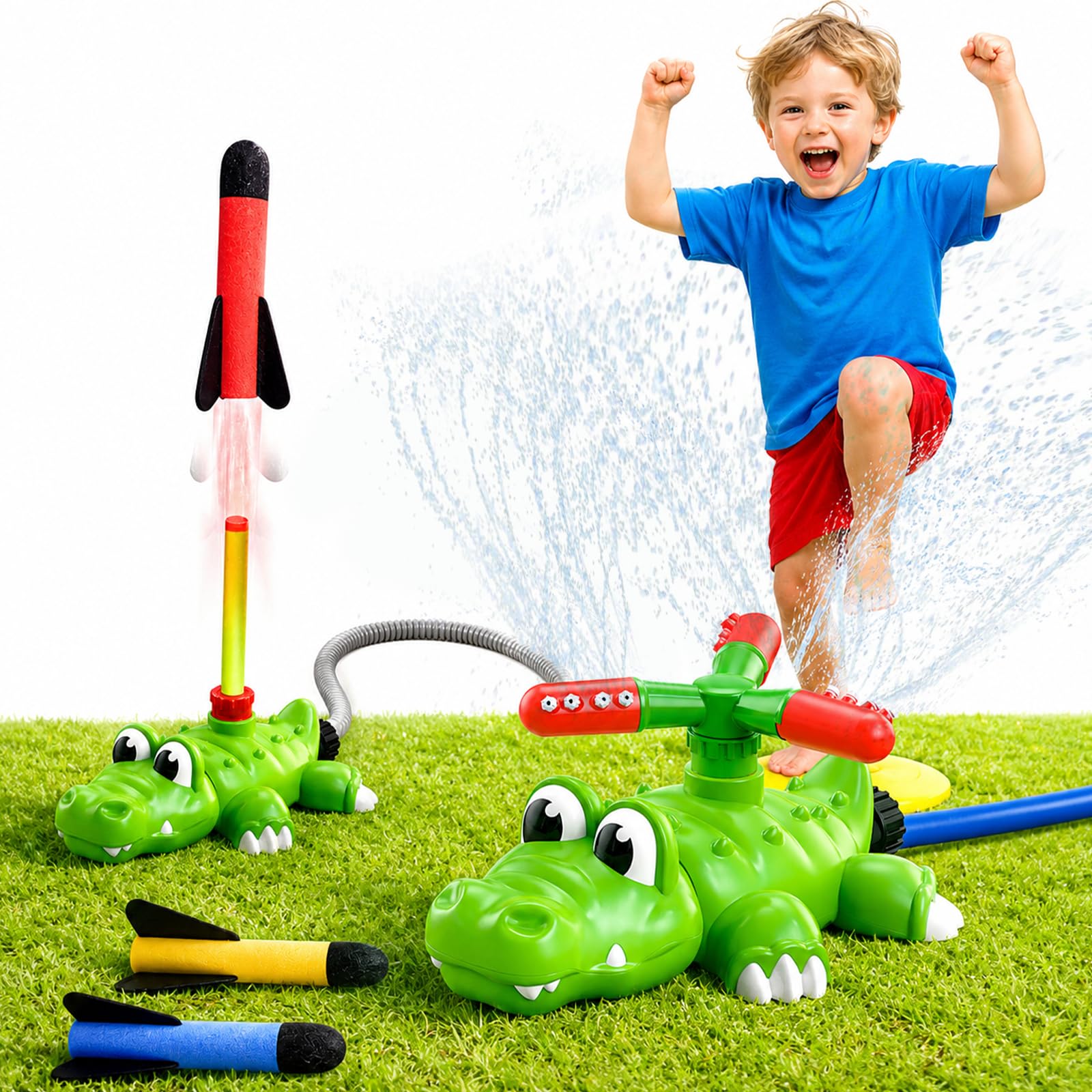 2 in 1 Crocodile Rocket Sprinkler Toy for Kids, Outdoor Water Sprinkler with 360° Rotating Spray & Flying Rocket, Garden Lawn Summer Water Play Toy for Boys Girls Age 3+