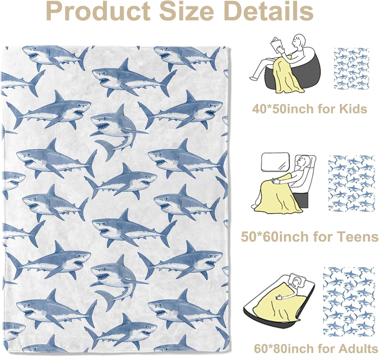 Playful Shark Throw Blanket, Lightweight Warm Flannel Blankets, Home Decor and Gifts, Soft Cozy Throws for Women Boys Kids, 50"X60" for Bed Couch Travel Office