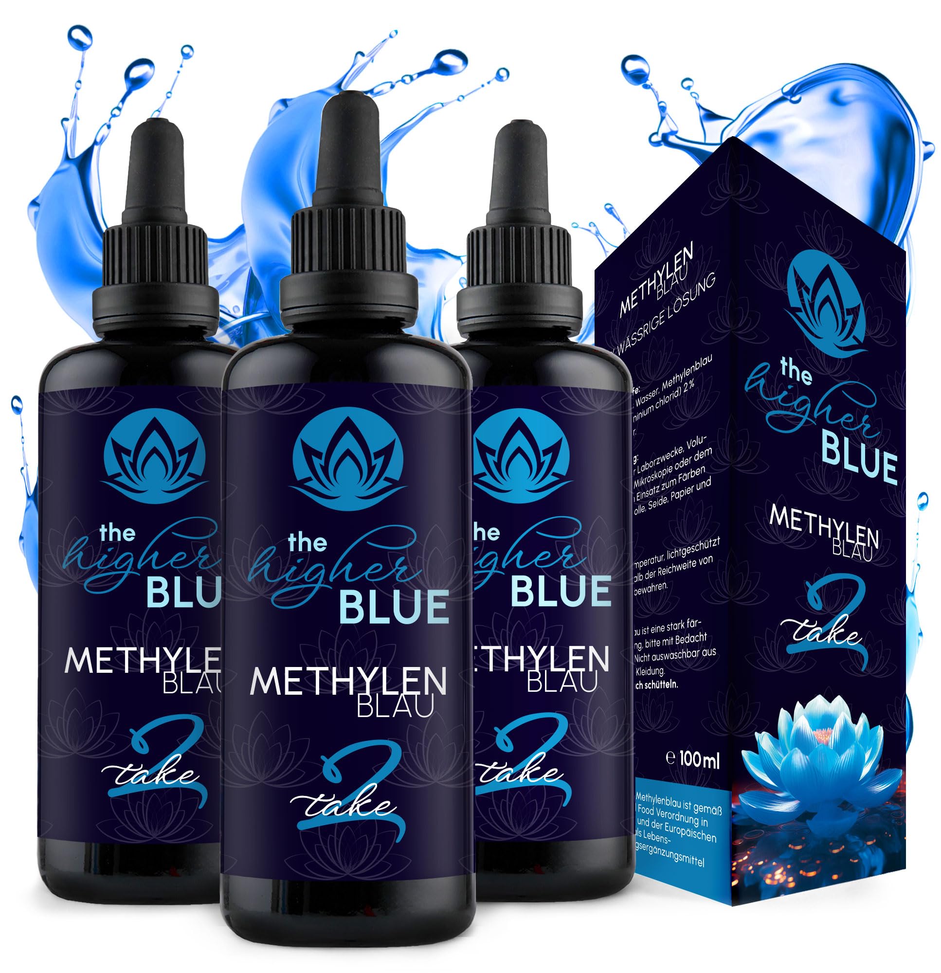 TAKE2 Methylenblau 2% Lösung 3 x 100ml im med. Braunglas | Höchste Reinheit 99,9% | Ph. Eur. Reinstoff | frei von Schwermetallen | Hergestellt und Laborgeprüft in Deutschland