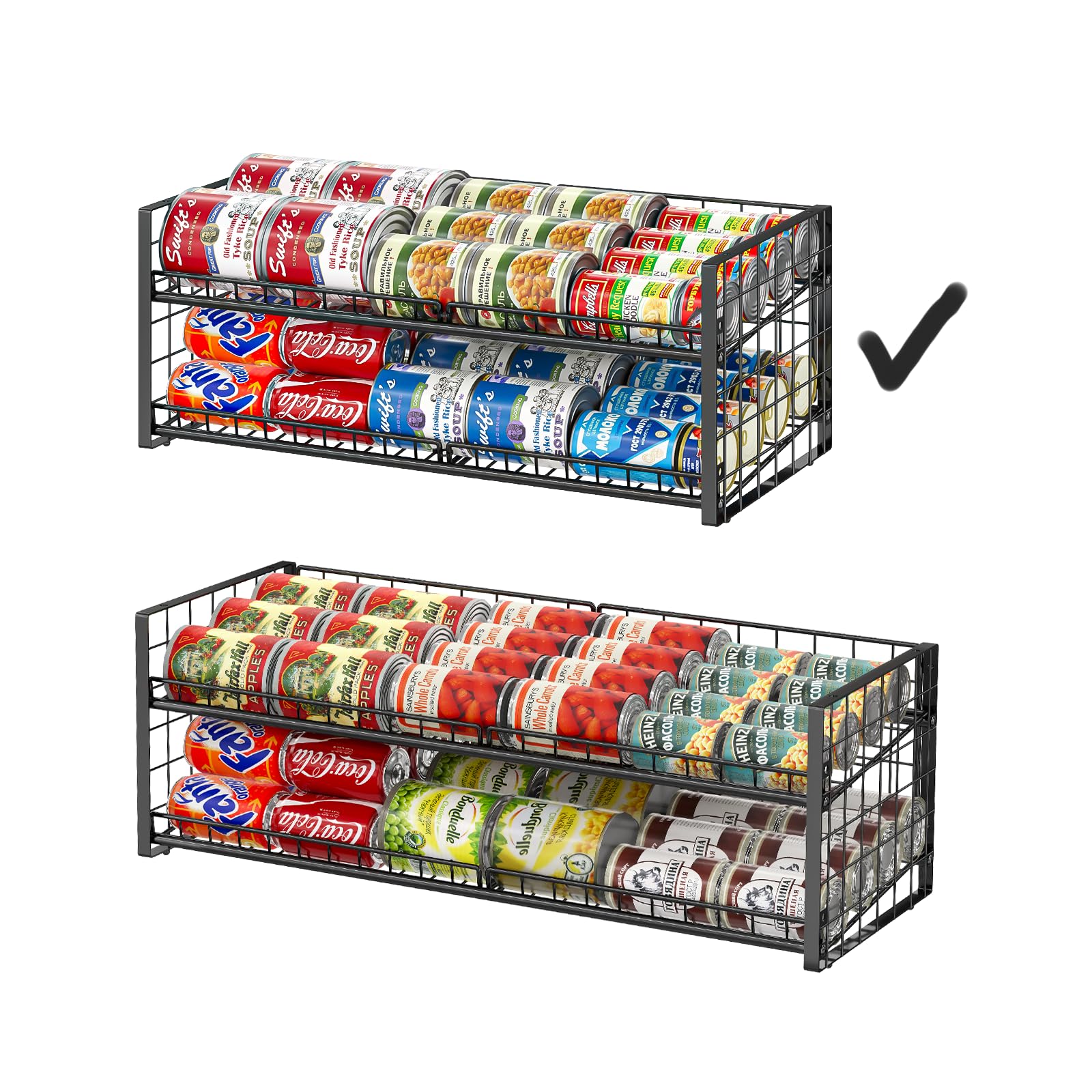 Photo 1 of 2-Tier Stackable Can Rack Organizer for Pantry Shelf, Long-Size Adjustable Can Holder for Kitchen Organization,Heavy Duty Can Dispenser for Canned Food Soup Goods up to 50 in Cabinet storage, Black