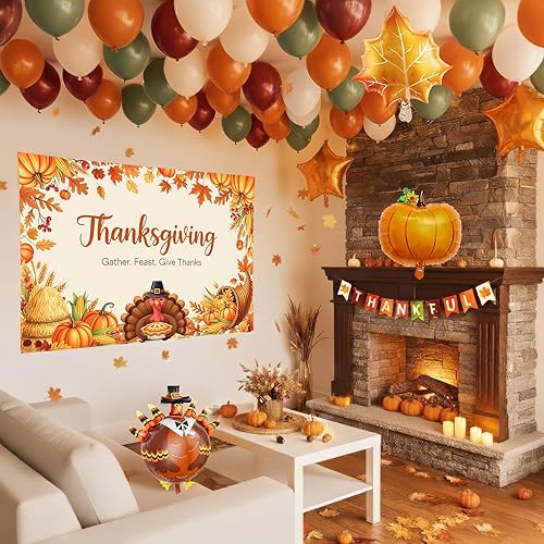 Decoraciones de fiesta de Acción de Gracias de otoño con colores otoñales, hojas de arce, calabaza, pavo, globos de papel de aluminio, pancarta,
