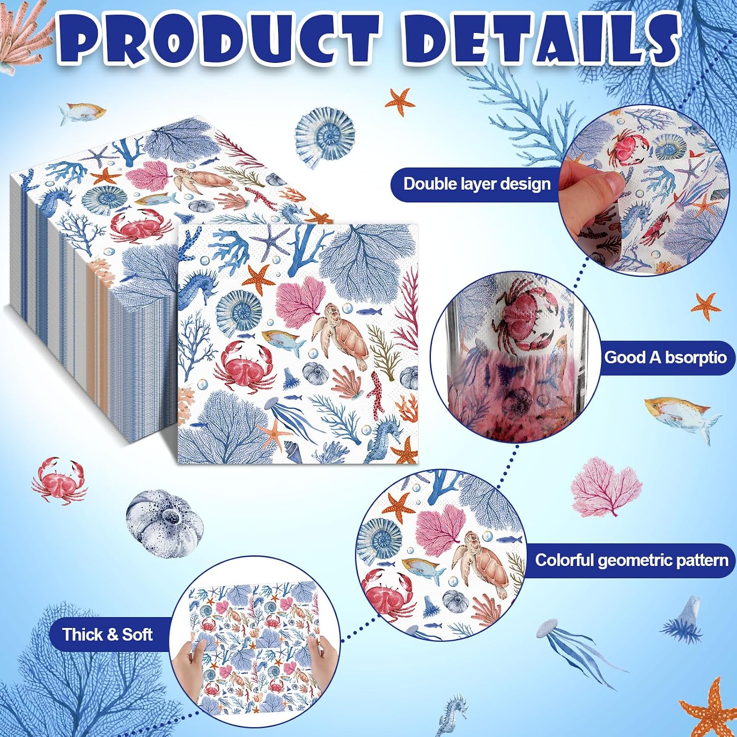 Crtiin 100 Pack Coastal Napkins Decoupage Napkins for Crafting Nautical Napkin Paper Decorative Under The Sea Guest Towels Disposable for Summer Baby Shower Wedding Dinner Party Supplies