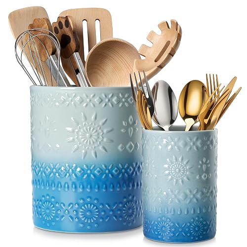 LOVECASA 7.2'+5.4' Ceramic Utensil Holder Set of 2, Coastal Crock | Easy to Clean, Heavy-Duty, Anti-Slip Base, For Spatu