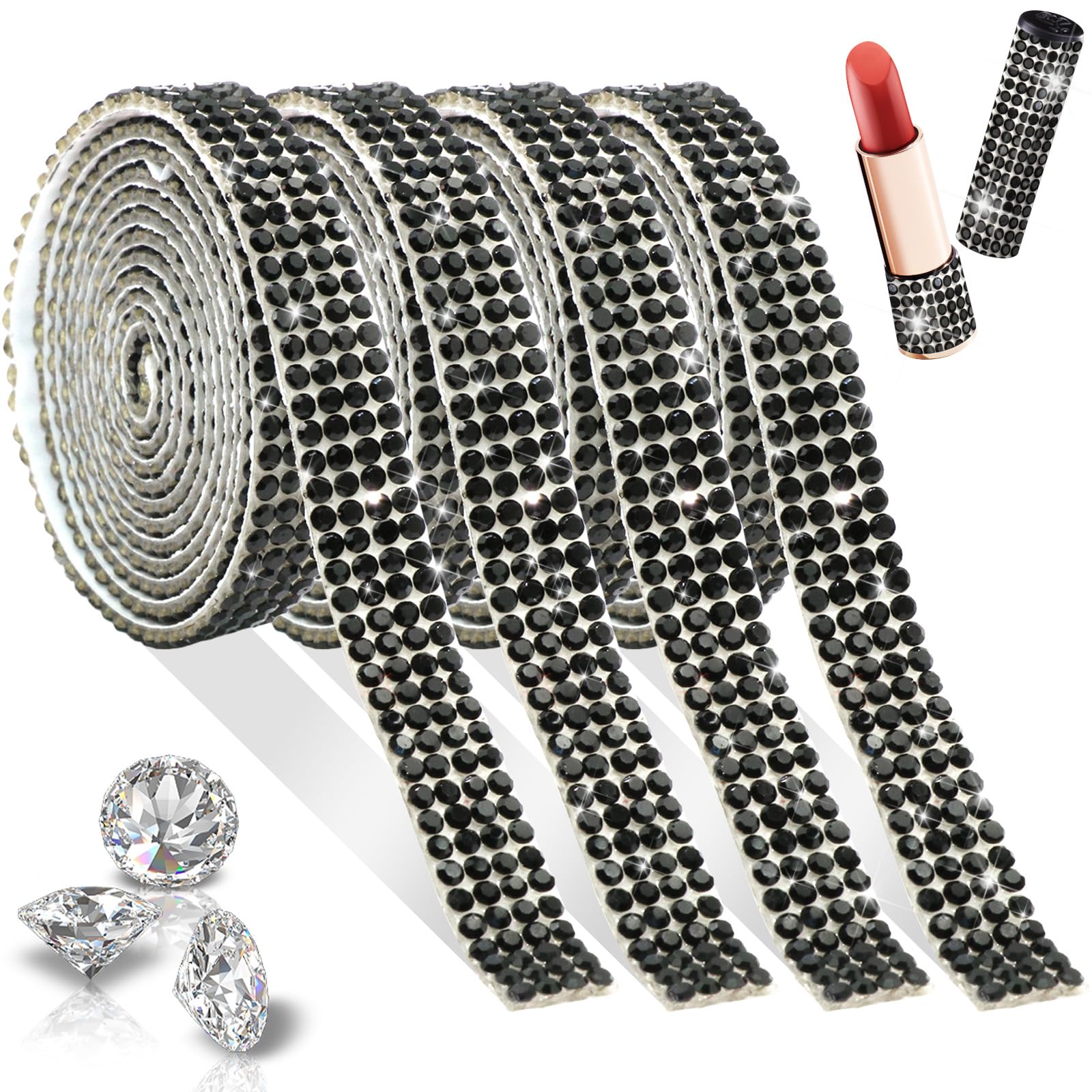 FULZTEY 4 Yards Rhinestone Ribbon Roll 4 Rows Crystal Ribbons Black Self Adhesive Rhinestone Strips with 2 mm Gems Bling Diamond Wrap Stickers for DIY Crafts Clothes Decoration