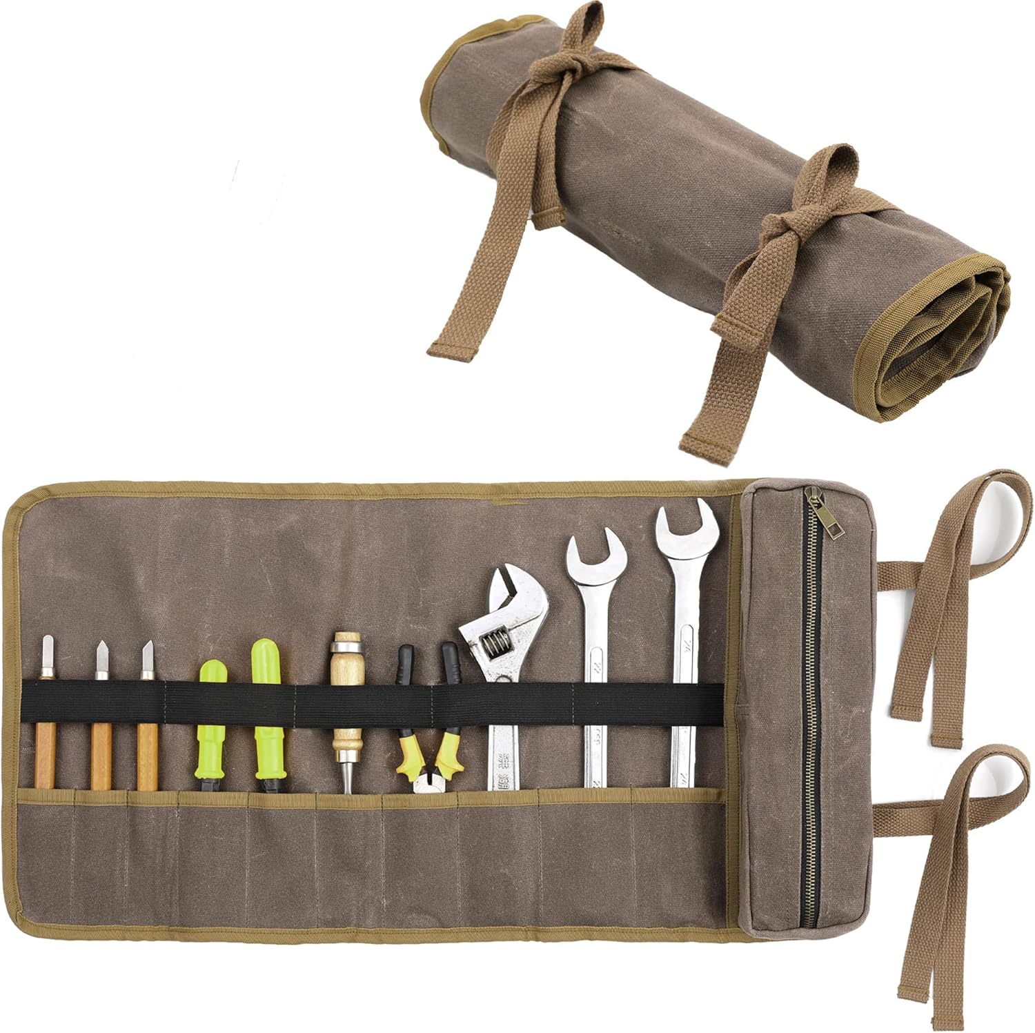 Tool Bag, Heavy Duty 16oz Waxed Canvas Wrench Roll Up Pouch 10Piece(6