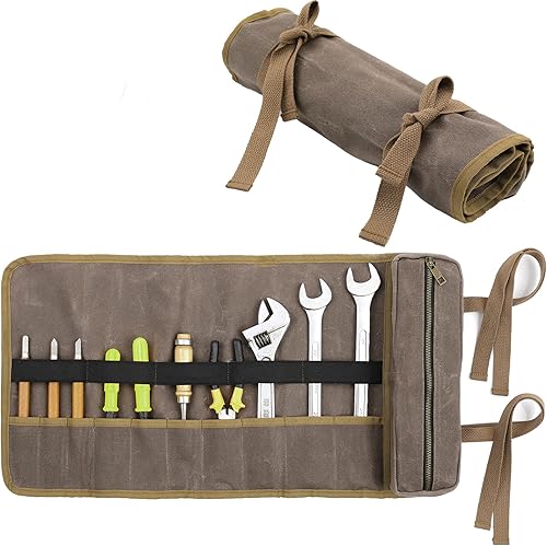 Bolsa de herramientas, funda enrollable de lona encerada resistente de 16 onzas, 10 piezas (0.236-0.748 in) y 1 bolsillo con cremallera, bolsa