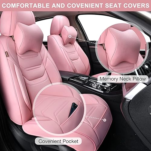 Miniatura 2 de Fundas de asiento delantero de coche color rosa con reposacabezas, cuero transpirable, 1 par de ajuste universal para sedanes, SUV, camiones