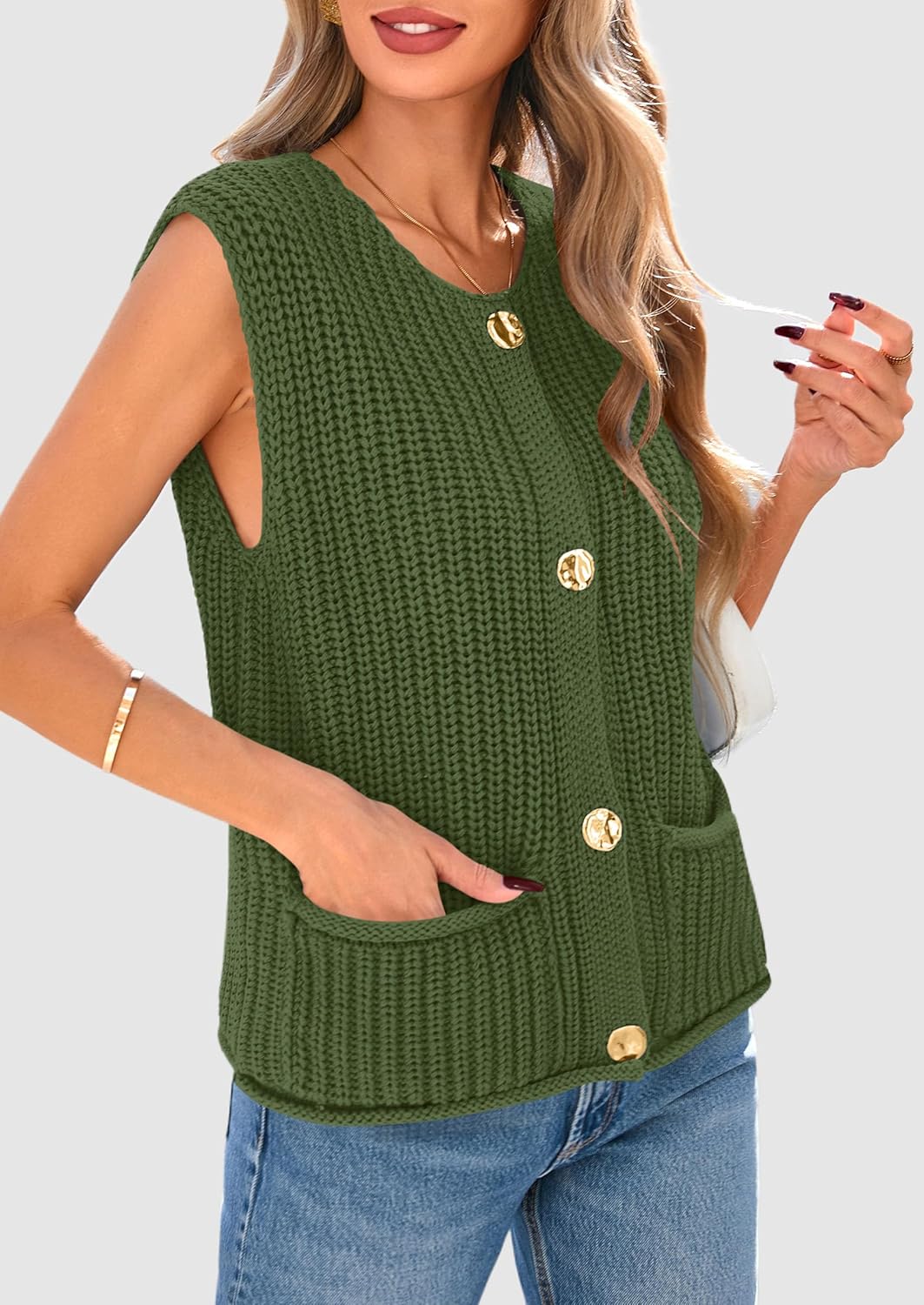 PRETTYGARDEN Women's Summer Sweaters Vest 2025 Sleeveless Button Down Cropped Pockets Chunky Knit Cardigan Trendy Tank Tops - Image 3