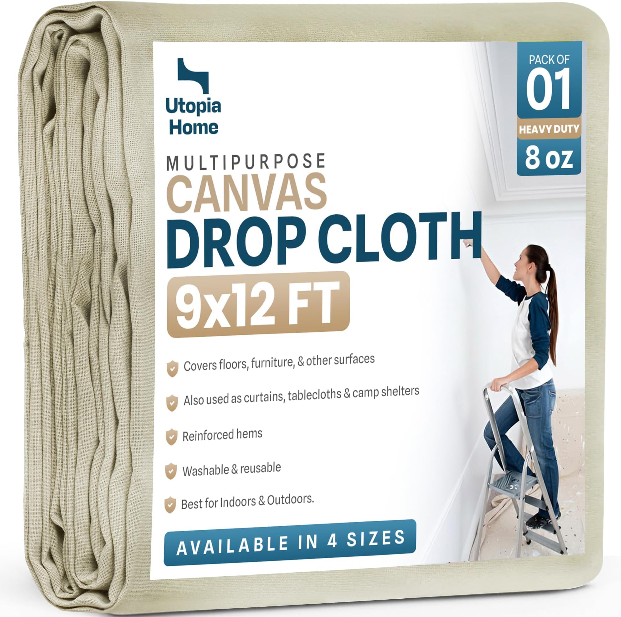 Utopia Home Drop Cloth for Painting (9x12 ft, 1 Pack) Washable and Reusable Canvas Fabric for Furniture & Floor Protection Highly Absorbent Paint Cover - Duck Dropcloth for Outdoor and Indoor Use