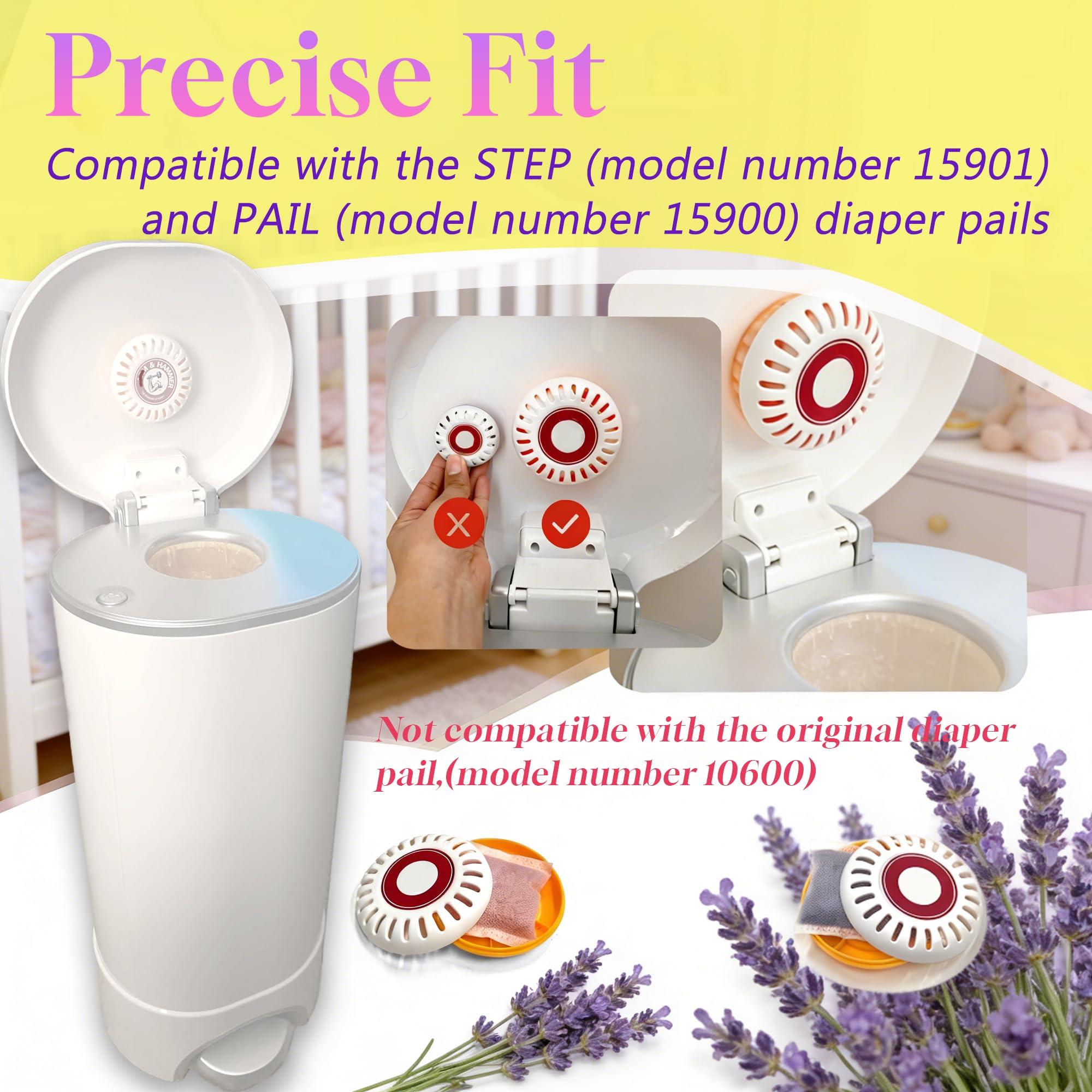 PurifyLogix Windeleimer-Deodorierer für Munchkin Step- und Eimer-Windeleimer, Aktivkohle-Nachfüllpackungen für Arm und Hammer, Puck-Backpulver-Kartusche (8,9 cm), 6 x Lavendel und 6 x