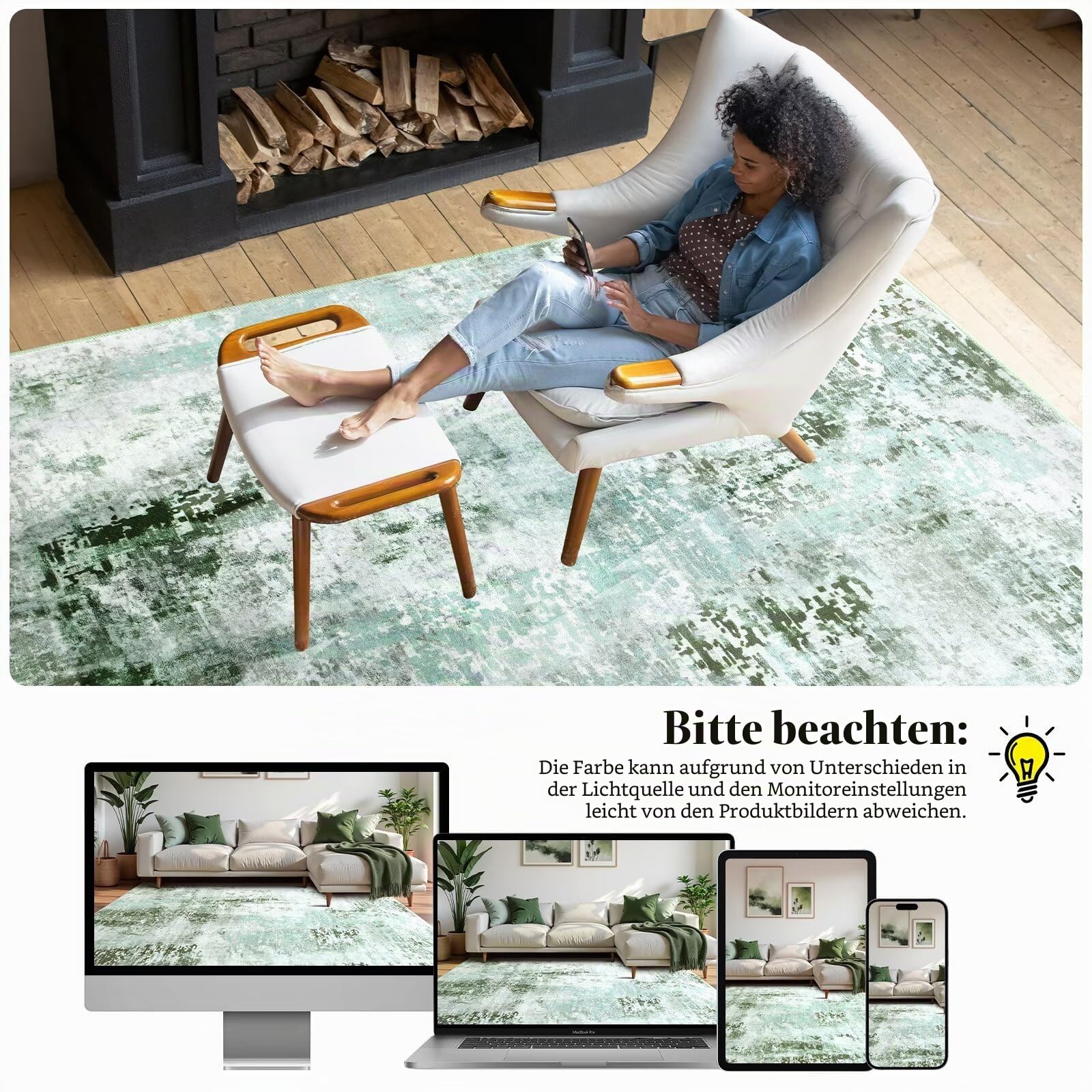 Macgace Moderner abstrakter Teppich für Wohnzimmer, 120 x 150 cm, maschinenwaschbar, mit rutschfester Unterseite für Schlafzimmer, weicher Bodenbelag, moderner Teppich für Esszimmer, Heimbüro, Grün