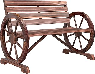 Outsunny 41" Rustic Wagon Wheel Fir Wood Garden Bench - 2-Seat Outdoor Patio Furniture, Weather-Resistant Carbonized Finish