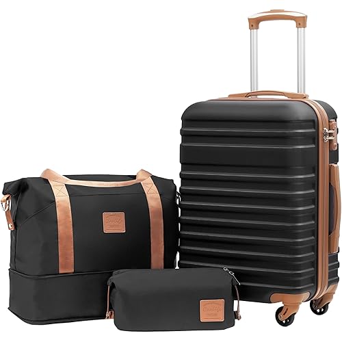 Coolife Suitcase Set 3 Piece Luggage Set Carry On Hardside Luggage with TSA Lock Spinner Wheels (Black, 3 piece set (DB/TB/20))