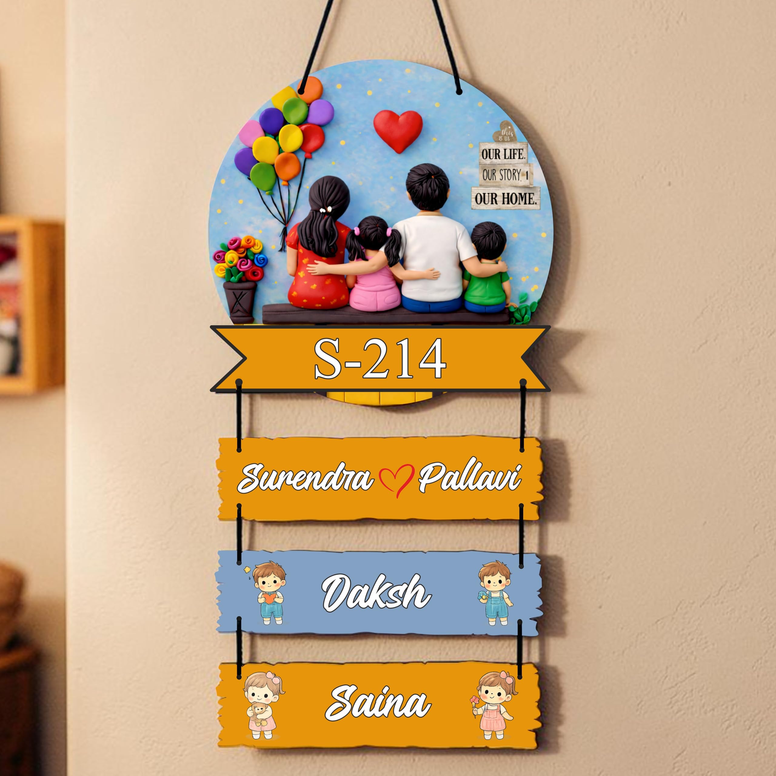 P Arts Personalized Family Name Plate with 3D Illusion UV Print | Customized Wooden MDF Name Board for Indoor Home Entrance | Includes Free Self-Adhesive Sticky Hook for Easy Installation (Couple + 1 Boy & 1 Girl)-image-35