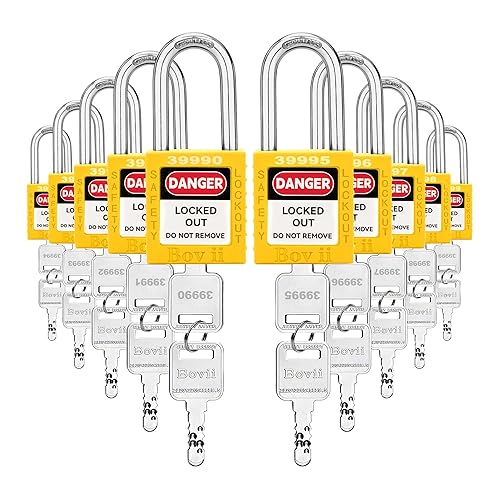 Miniatura 13 de Juego de cerraduras de bloqueo y etiquetado – 10 candados de seguridad rojos con llave diferente, 2 llaves por cerradura, cerraduras de loto D1-10