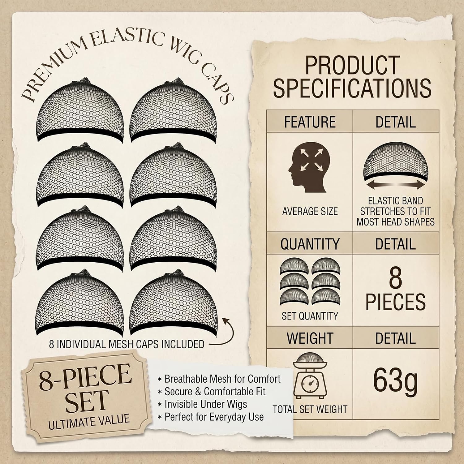 8PCS Black Mesh Hair Net, Crochet Wig Caps, Hair Weave Sleeve Mesh for Wig | 8Pcs Black Wig Caps, One Size, Breathable Honeycomb Mesh, Stretchy & Durable, Secure Hold