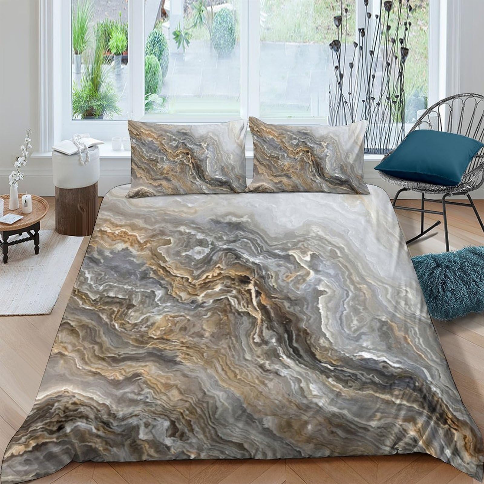 GPLZQXKJNH 3D Printed Marble Texture Duvet Cover Set Microfiber Soft Breathable Earth Stone Pattern Bedding with 2 Pillowcases for Bedroom Decor Single（135x200cm）