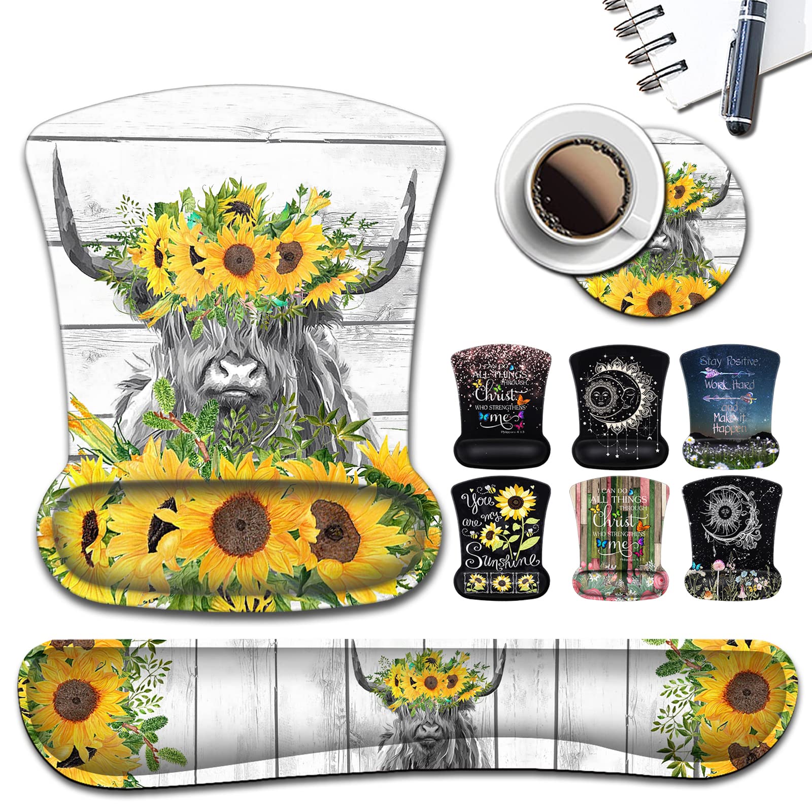 Wireless Mouse Pad with Wrist Support, Ergonomic Gel Mouse Pad, Soft Memory Foam Keyboard Wrist Pad for Office Typing Desk Pad, Cute Highland Cow and Sunflowers White MousePads