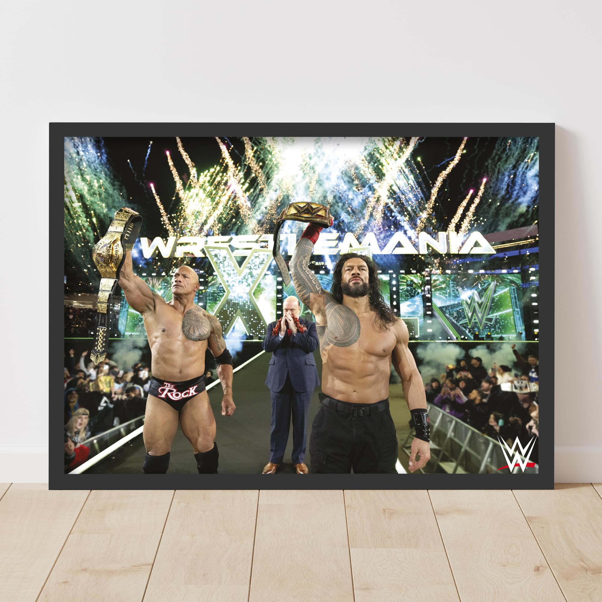 Themed Black Wwe Print - The Rock And Roman Reigns Wrestlemania Win Poster Wrestling Wall Art (42Cm X 59.4Cm - A2)