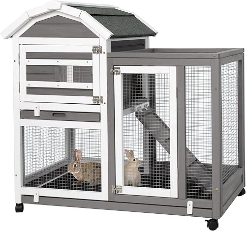 Gowoodhut Rabbit Hutch - Conejera de conejo extraíble de dos pisos para exteriores, con 2 bandejas más profundas sin fugas, techo de asfalto