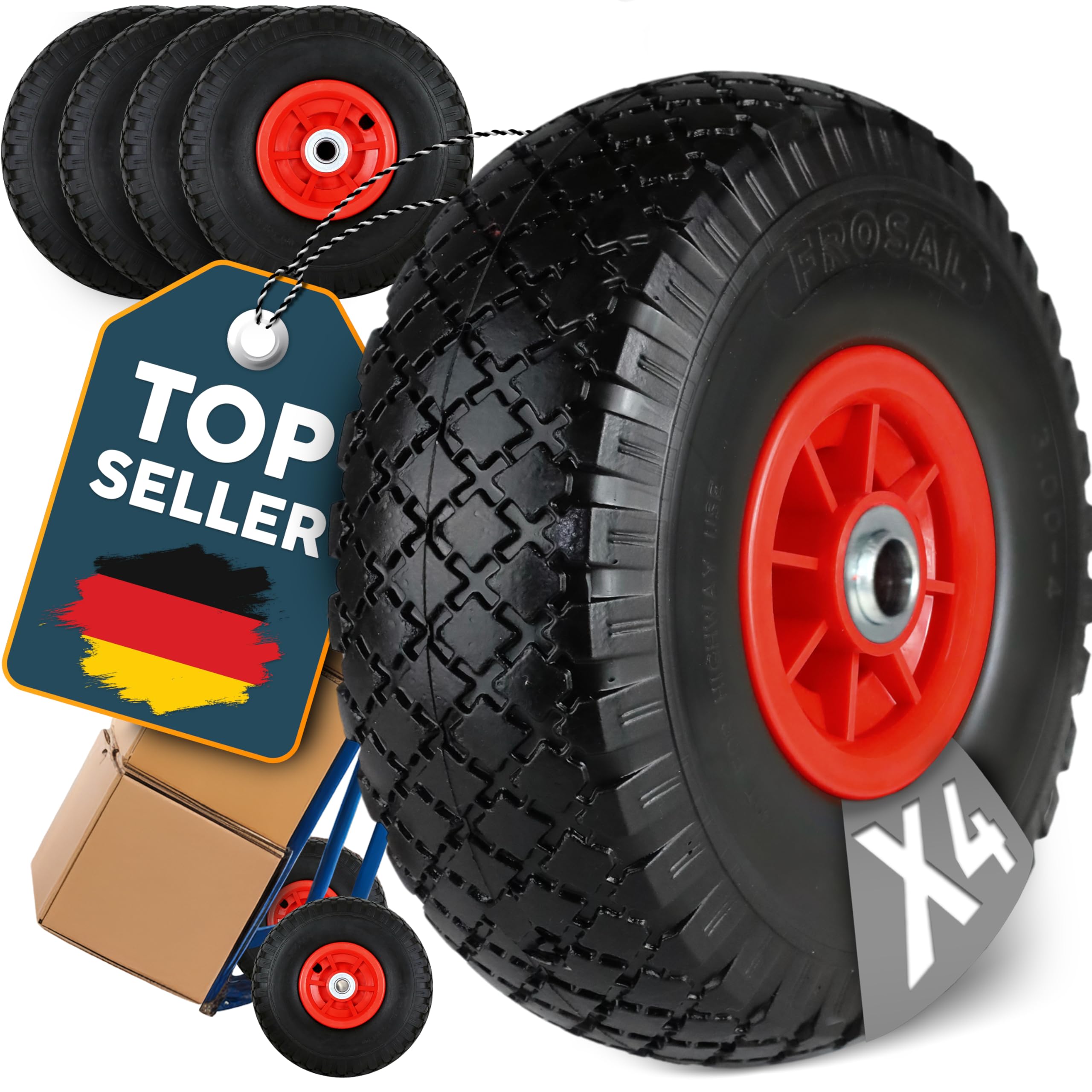 FROSAL Ersatzrad 3.0-4 (260×85) – 2 Stück – pannensicheres PU-Rad mit Kugellager – Nabenlänge 50 mm – Achse Ø 16 mm – rote Kunststofffelge – für Bollerwagen & Sackkarren