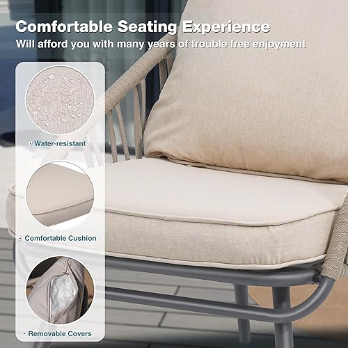 Miniatura 4 de Juego de 3 piezas de muebles de patio bistró, juego de muebles de balcón, sillas de cuerda tejida con cojines y mesa auxiliar, juego de 2 para