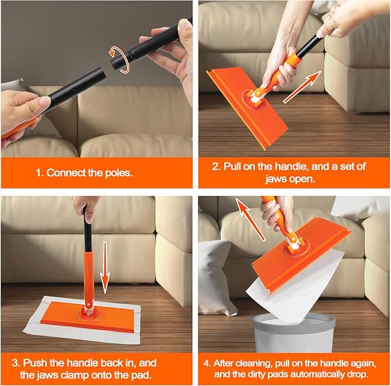 JEHONN Sweeper Mop Compatible with Flash Pads, 2-in-1 Starter Kit for Swiffer Multi Surface Cleaning, Disposable Floor Duster, 10 Dry Sweeping Cloths, 10 Wet Mopping Refills for Kitchen Wall Window