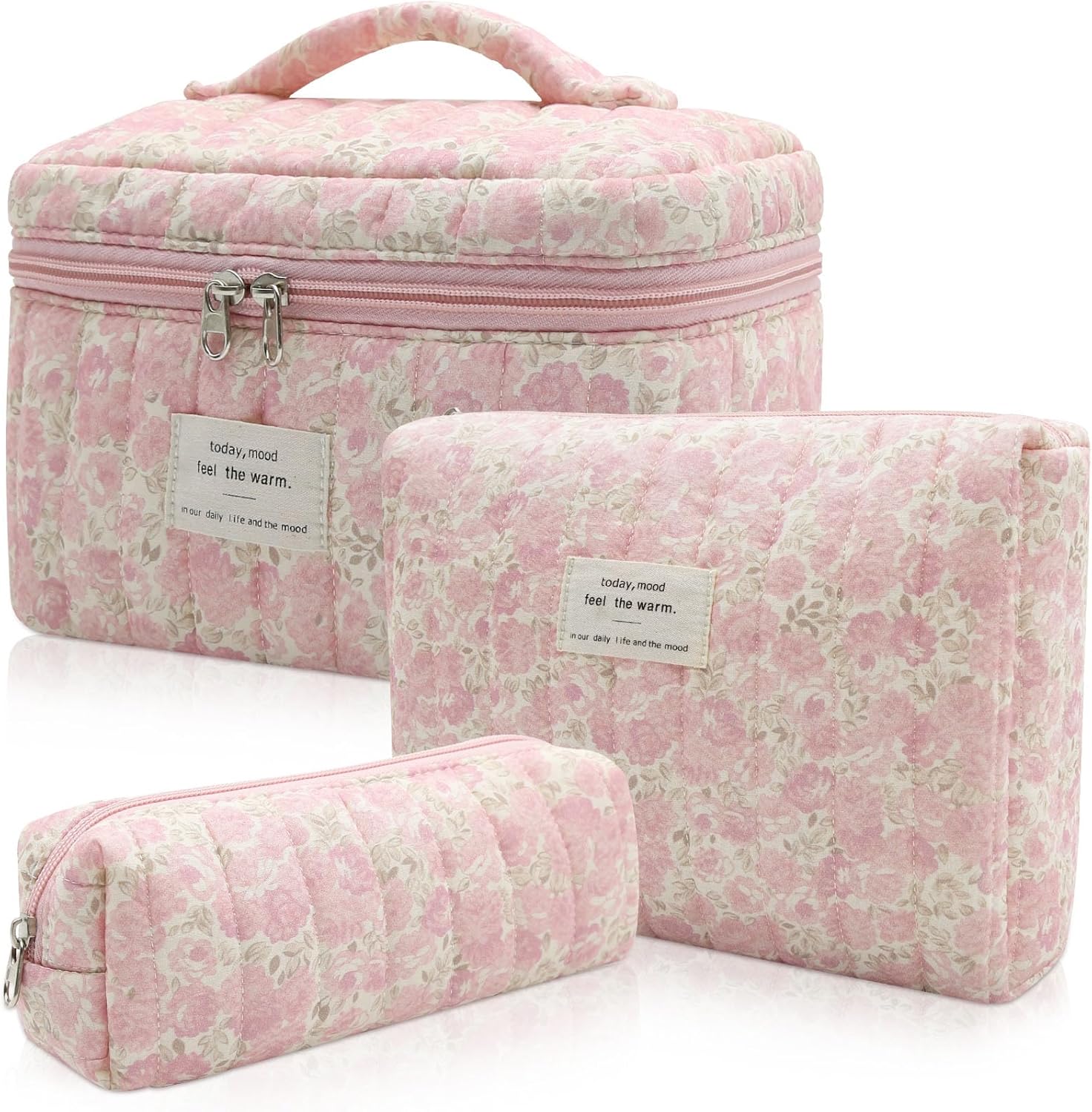 Gosect 3pc Makeup Bag Set, Quilted Makeup Bag Set, Large Floral Cosmetic Bag for Women, Cute Cotton Makeup Bags, Flower Travel Toiletry Organizer Bag (Pink Crushed flower)