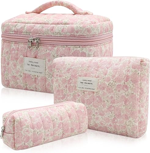 Miniatura 8 de Set de bolsas de maquillaje, bolsa de maquillaje acolchada, bolsa de cosméticos floral grande para mujeres, lindas bolsas de maquillaje de algodón,