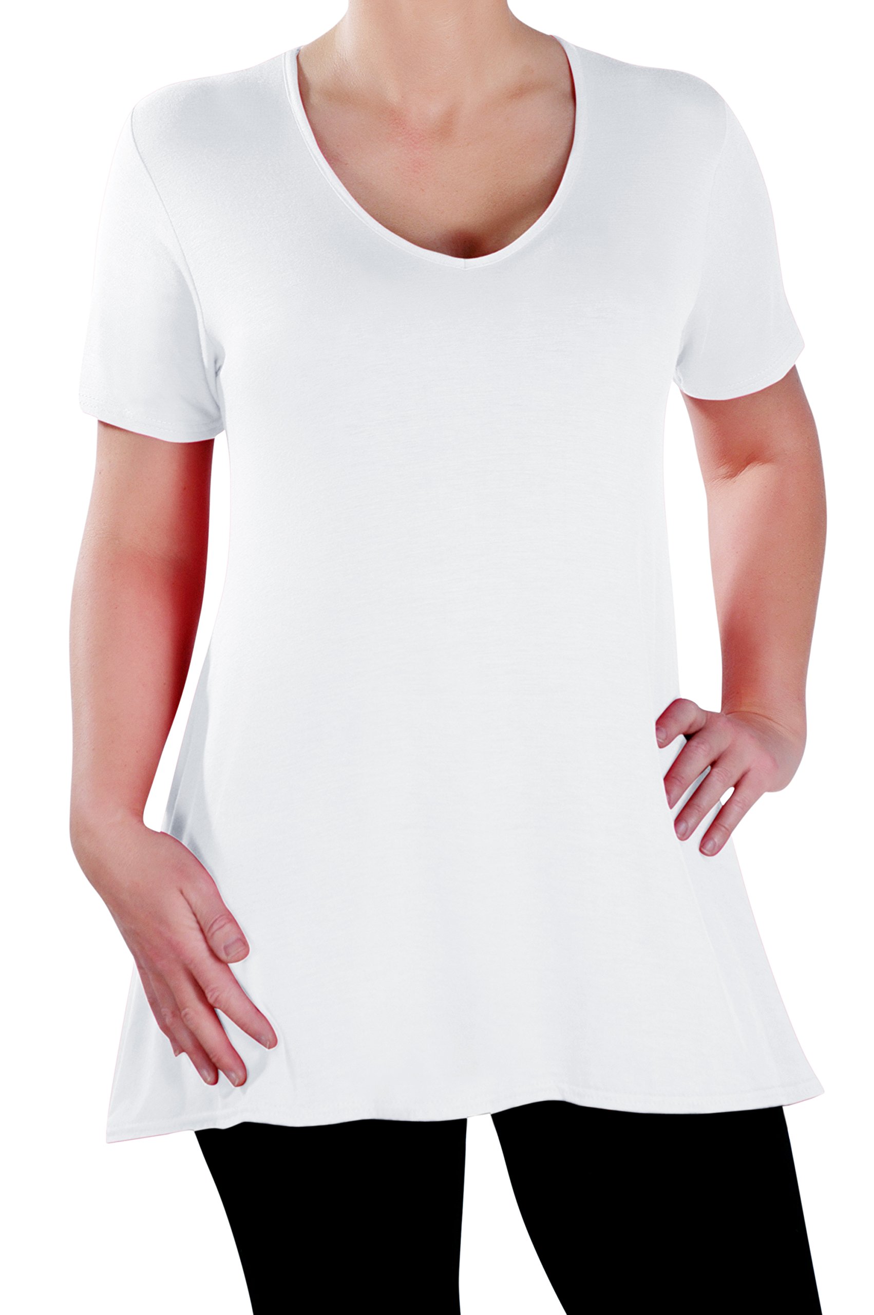Eye Catch Women's White - Delphine V Neck Plus Size Top Short Sleeve Casual Long Flared T Shirt Tunic Tops Size 16
