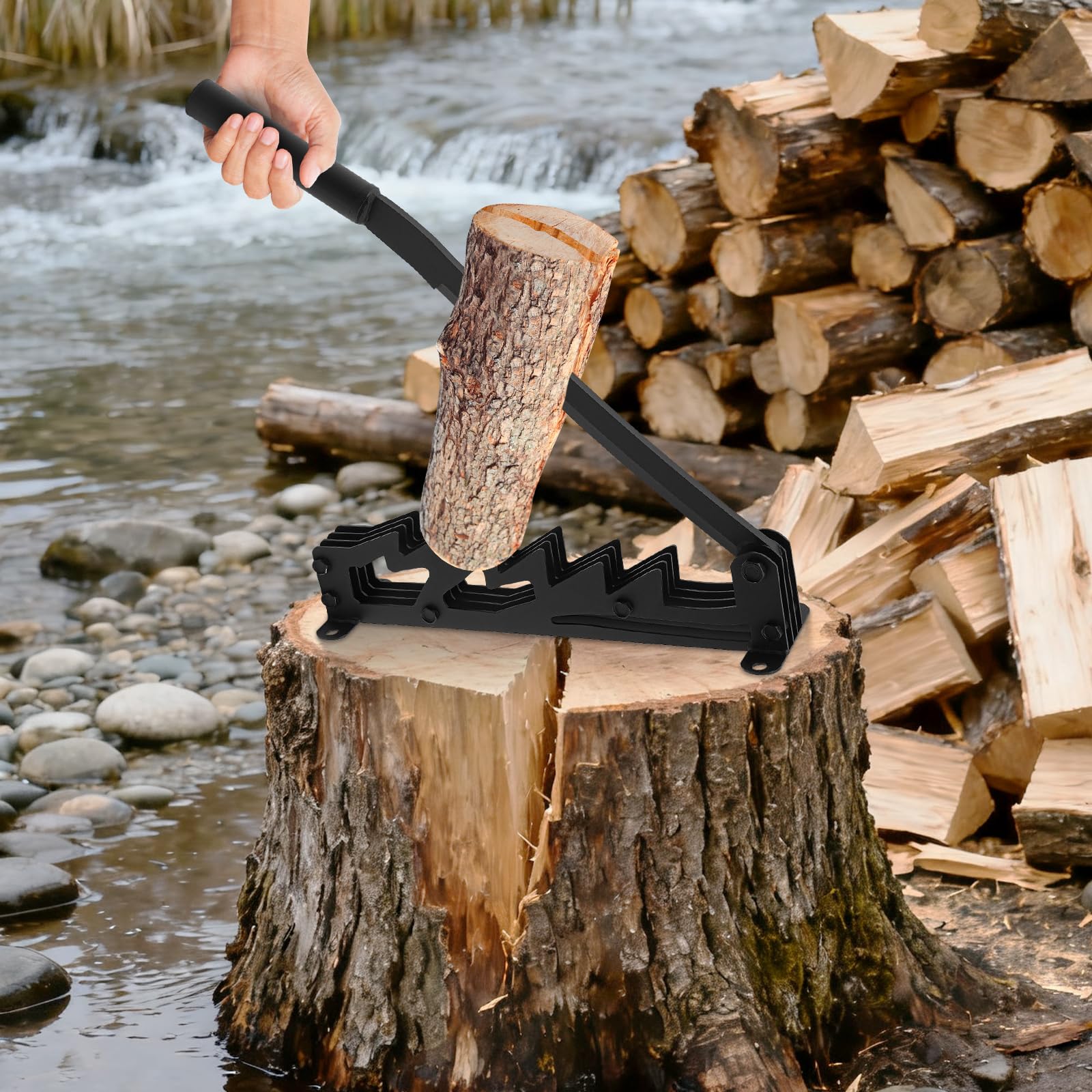 Uchwyt ścienny do łuparki do drewna, ręczny nóż do rozłupywania drewna z uchwytami 40 cm / 15 cm, ręczna łuparka 180°, do przygotowania suchego miękkiego drewna opałowego, w zestawie rękawice