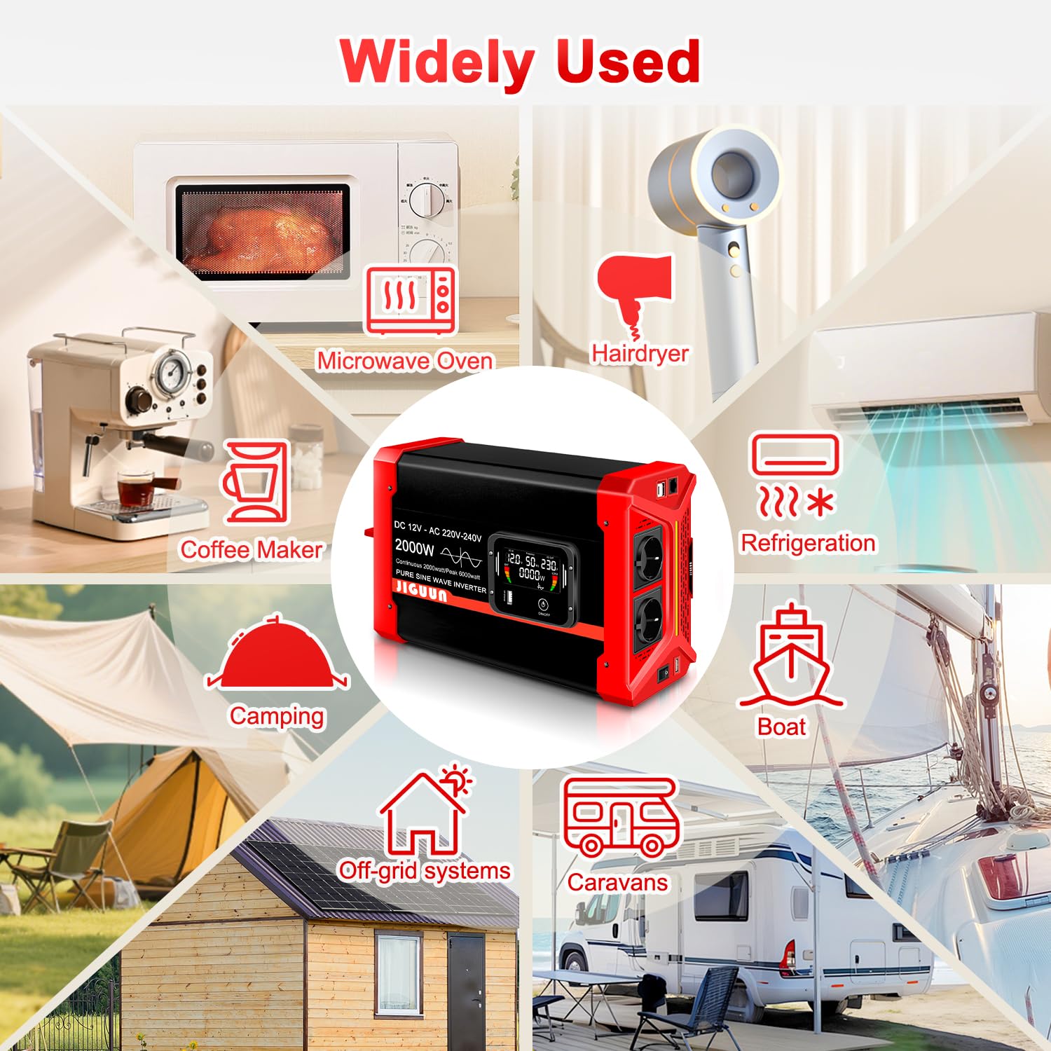 JIGUUN 2000W 6000W Falownik 12V na 230V Przetwornica napięcia sinusoidalnego z wyświetlaczem LCD, zdejmowanym pilotem zdalnego sterowania, 2 gniazdami UE, 3 portami USB + 1 portem typu C
