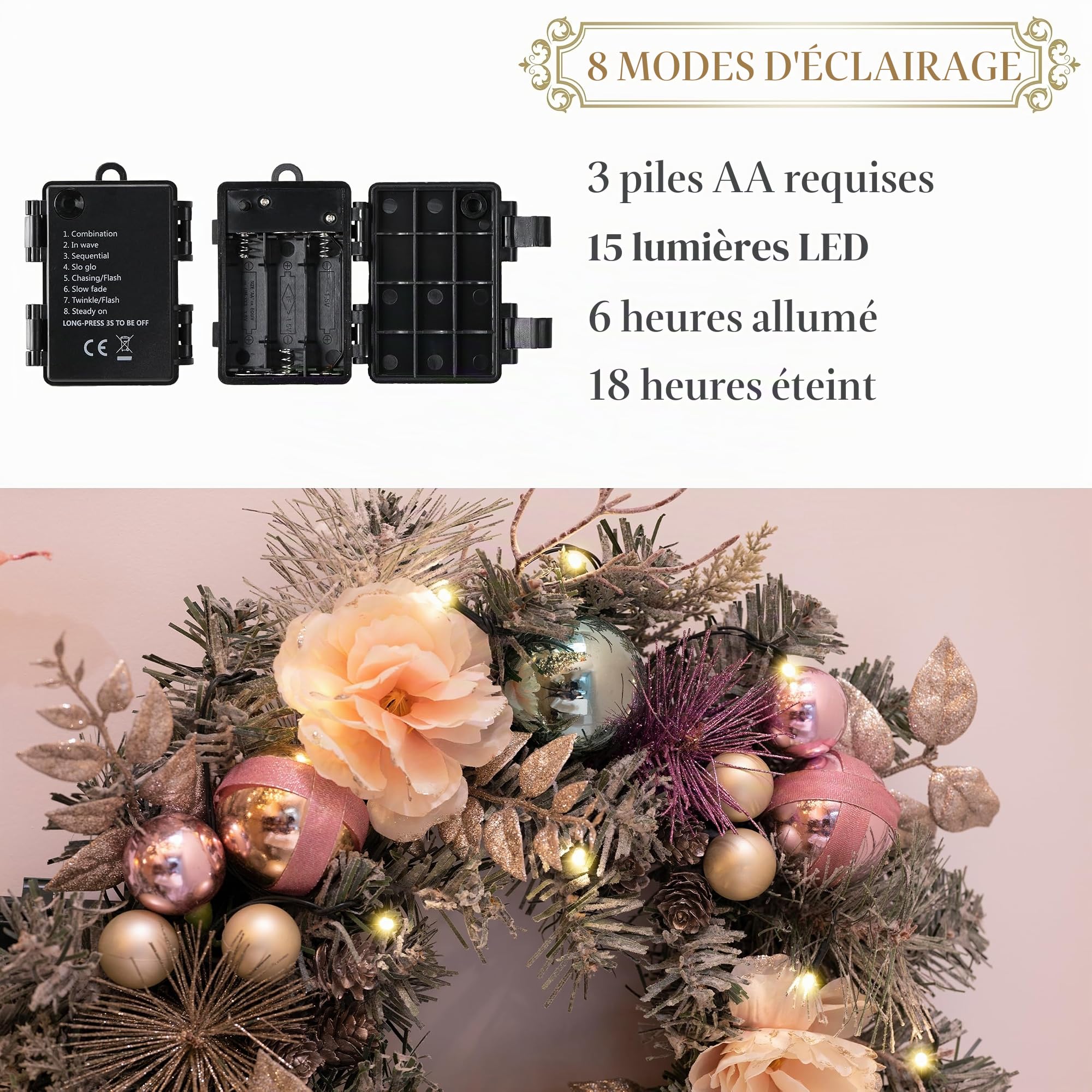 Valery Madelyn 46 cm Couronne de Noël Artificielle pour la Porte d'Entrée avec Rose Blanc et des Boules de Noël, Couronne Artificielle avec des lumières LED et Fonction de minuterie pour Noël