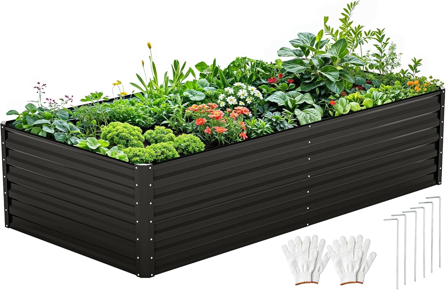 DWVO 8 x 4 x 2 FT Raised Garden Bed Kit, Outdoor Galvanized Flower Bed with Safety Rubber and Gloves, Large Metal Planter Box for Vegetables, Flowers, Herbs, Fruits, Black