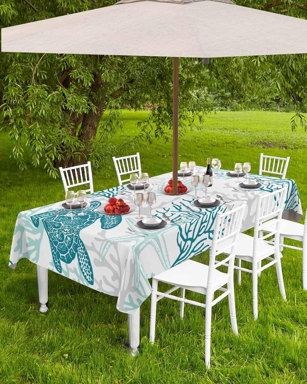 Turquoise Coastal Rectangle Outdoor Tablecloth, Waterproof Table Cloth Cover with Umbrella Hole and Zipper, Sea Turtle Nautical Coral Summer Beach Table Protector for Patio Party Picnic 54"x80"