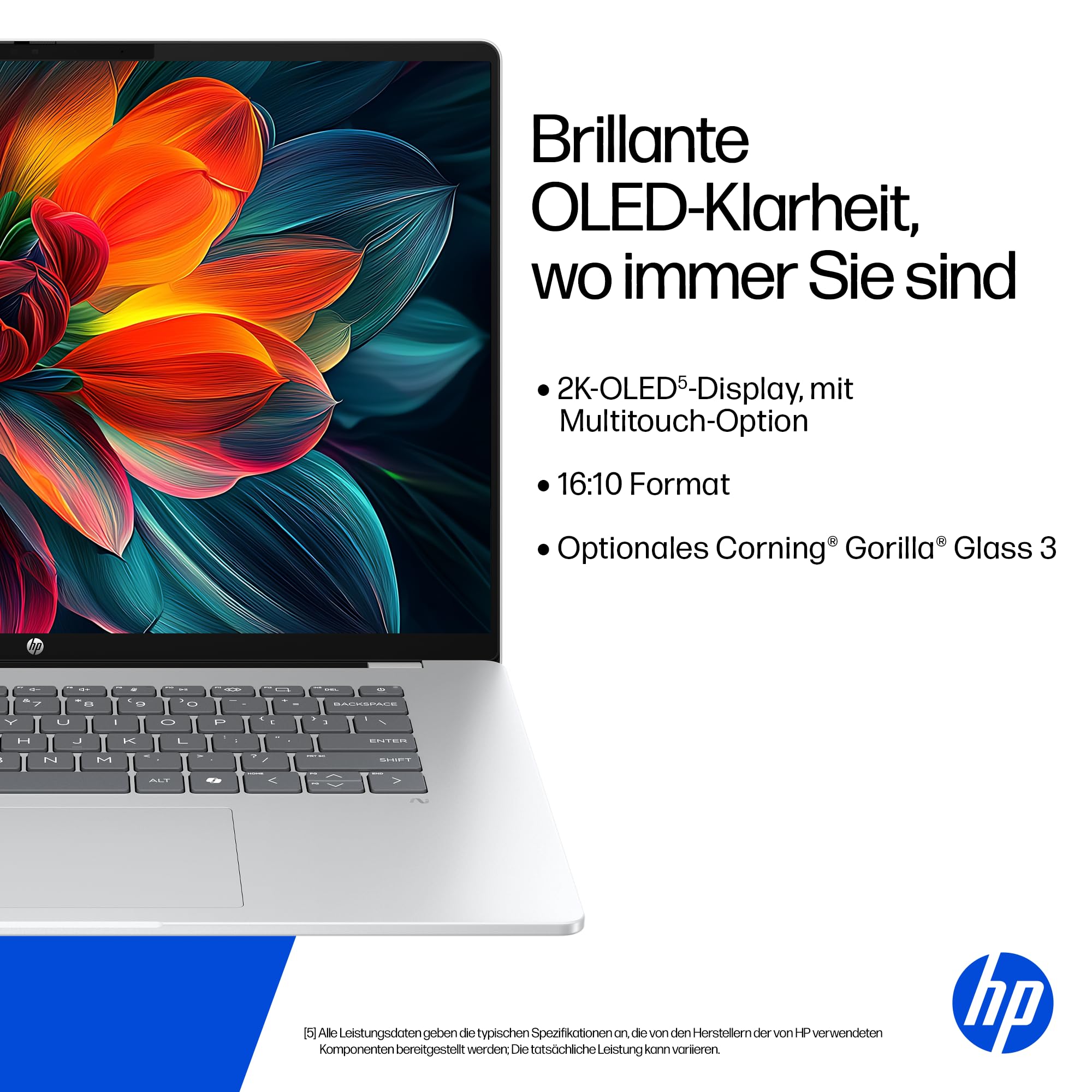 HP OmniBook 5 Next Gen AI Laptop PC, 16 Zoll 2K OLED Touch, Snapdragon X1-26-100 Prozessor (45 NPU-Tops), 16 GB LPDDR5x RAM, 512 GB PCIe SSD, Qualcomm Adreno GPU, Windows 11 Home, QWERTZ, Silber
