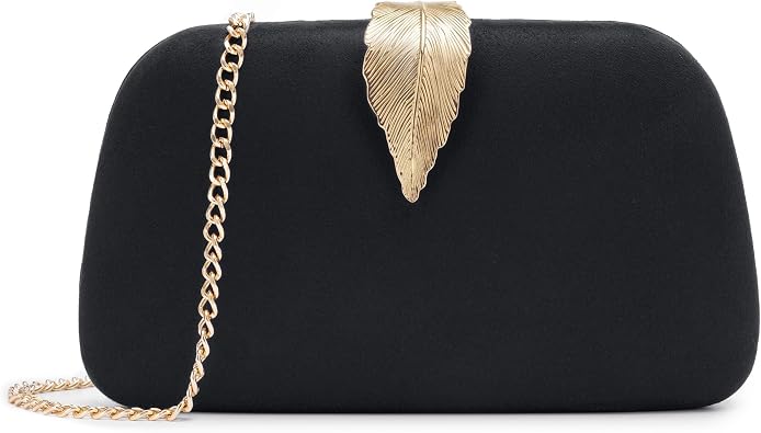 Suede Evening Clutch Purse for Women Gold Leaves Clasp Bag