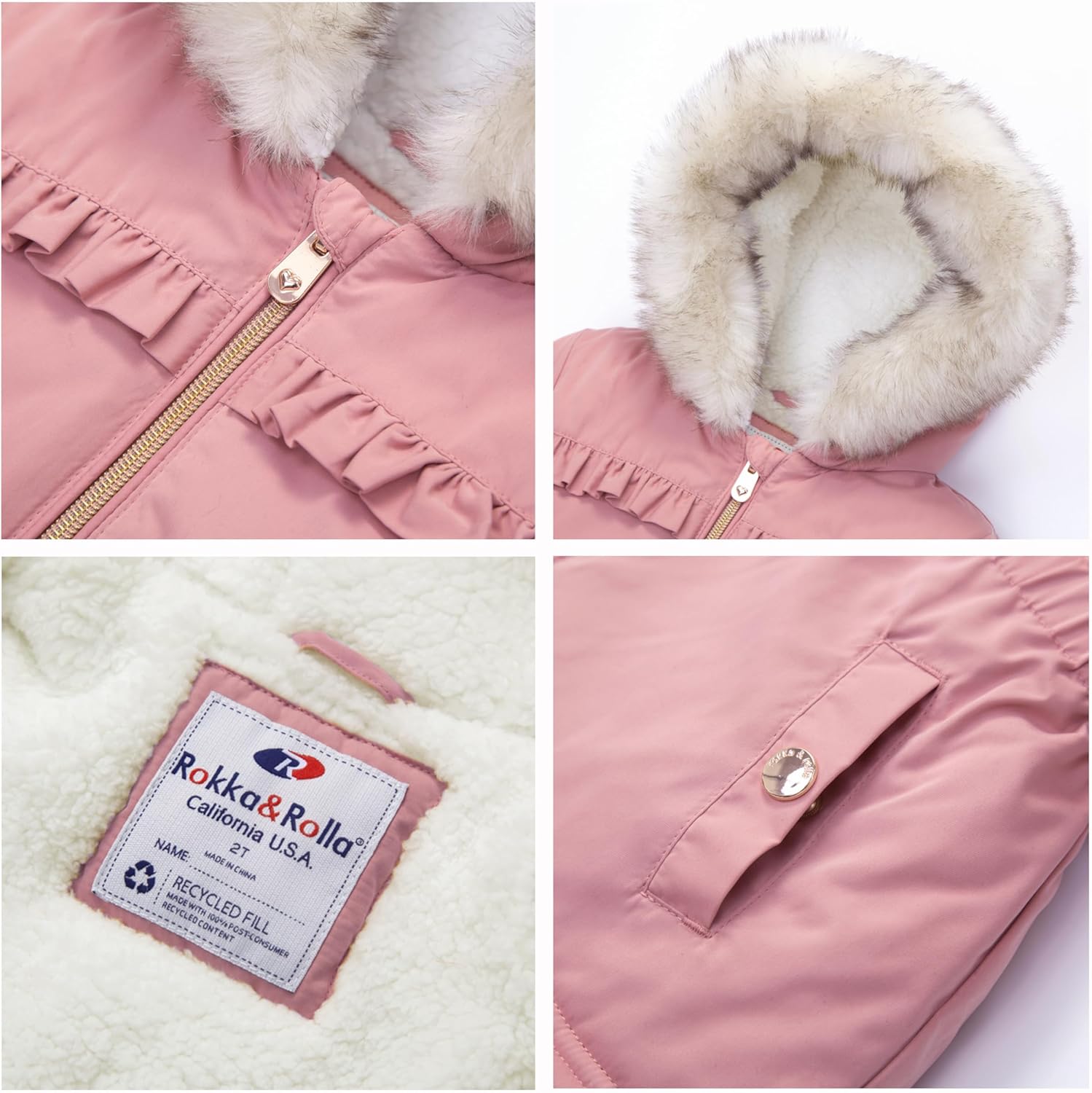 Rokka&Rolla Baby Toddler Girls' Water-Resistant Puffer Jacket Sherpa Fleece Lined Parka Coat (6-24M, 2T-4T) - Image 5