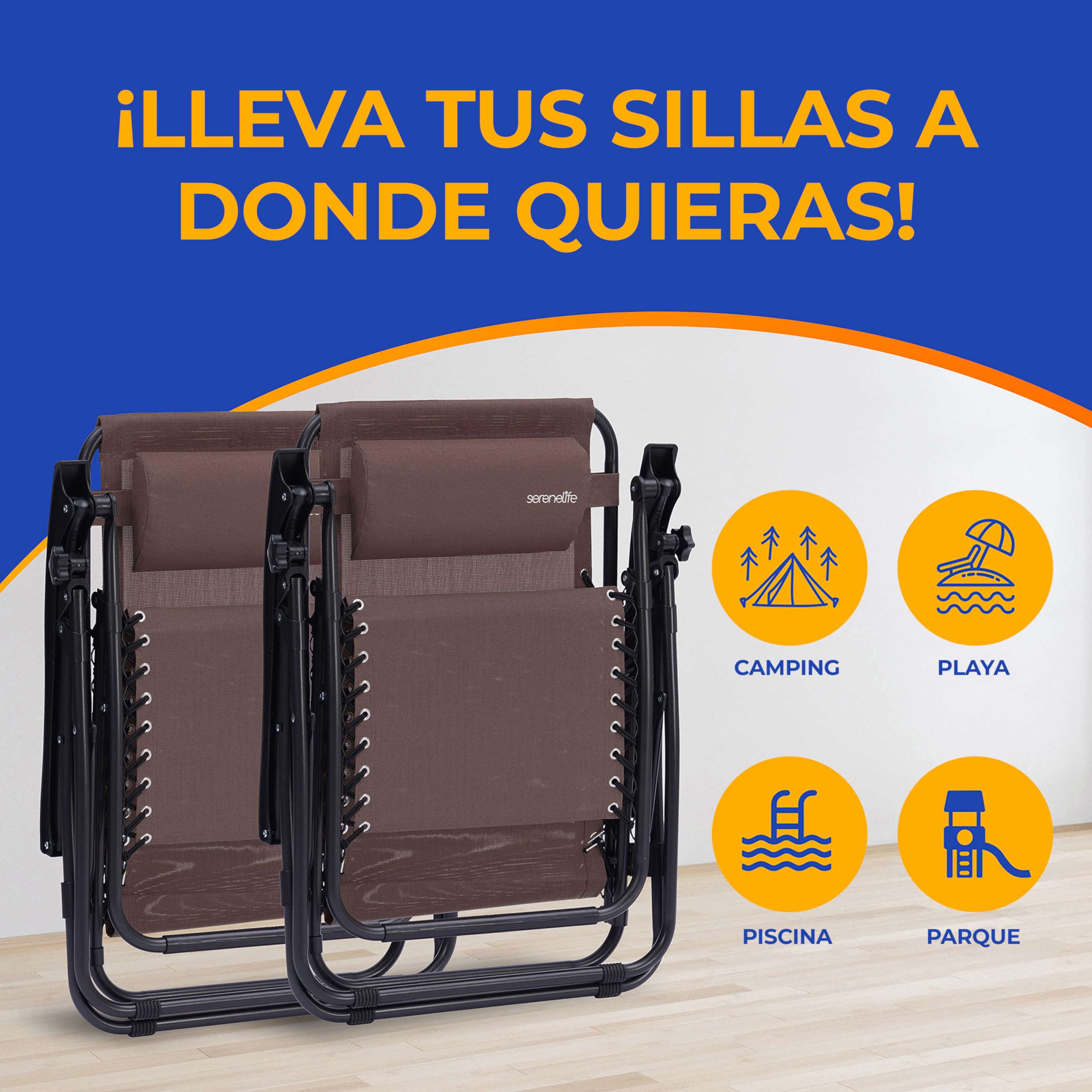 SereneLife sillas reclinables de Exterior, Set de 2, Tumbonas de Malla de Acero, con Almohada Desmontable, Portavasos, Plegables, Ajustables, Portatiles, Zero Gravity, Camping, Patio, Piscina o Playa