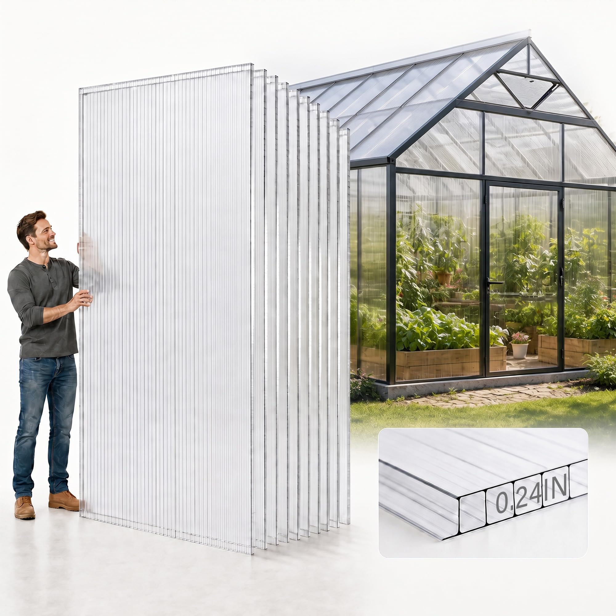 Sinimaka 10 Pack Polycarbonate Greenhouse Panels 8 x 4 x 0.24 inch Twin-Wall