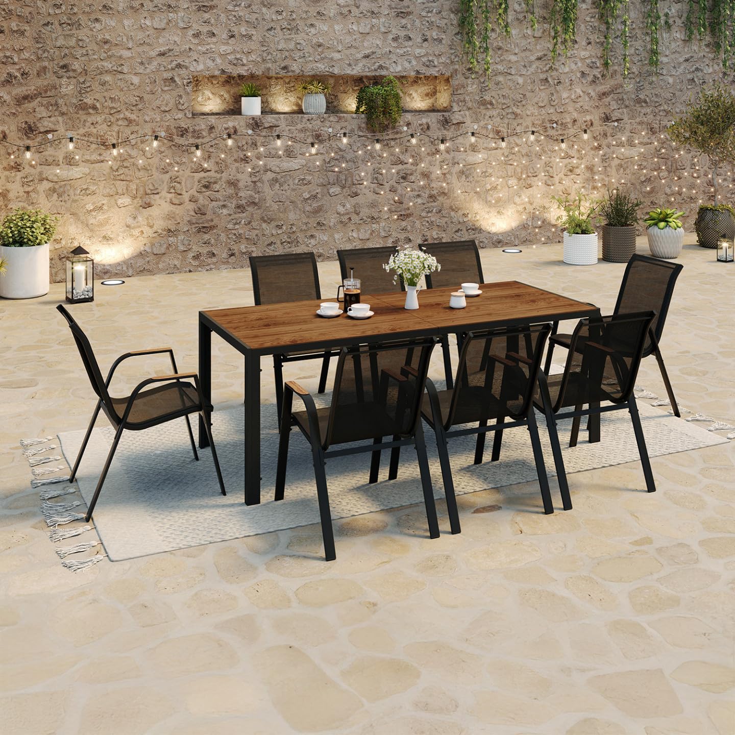 IDMarket - Salon de Jardin NOUMEA Table 190 cm Plateau Verre trempé Effet Bois et 8 chaises empilables Noir et Bois