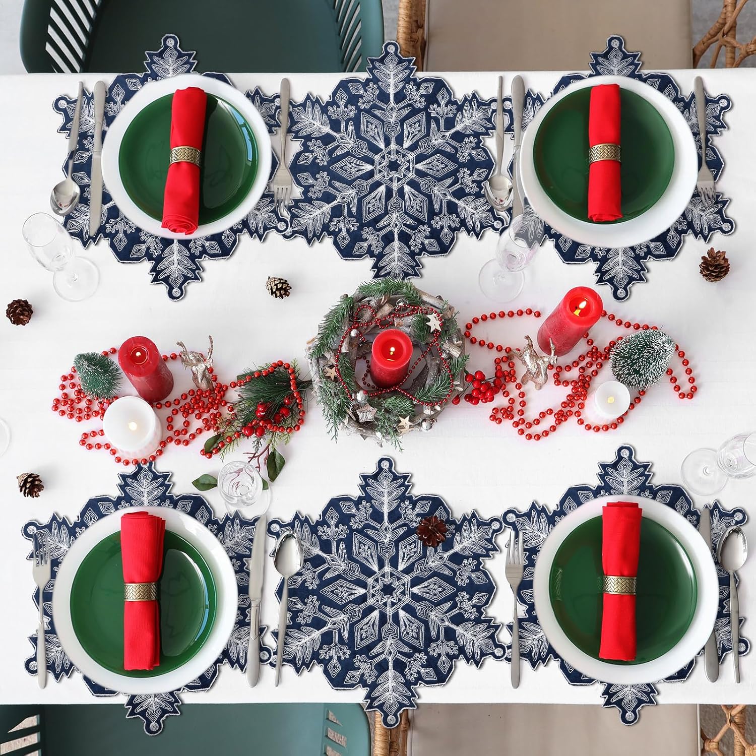 HunnmingRe Christmas Snowflake Placemats Set of 6 Embroidered Snowflake Table Mats 14 Inch Velvet Blue Christmas Table Decorations Xmas Washable Placemats for Xmas Holiday Tabletop Home Dining Kitchen