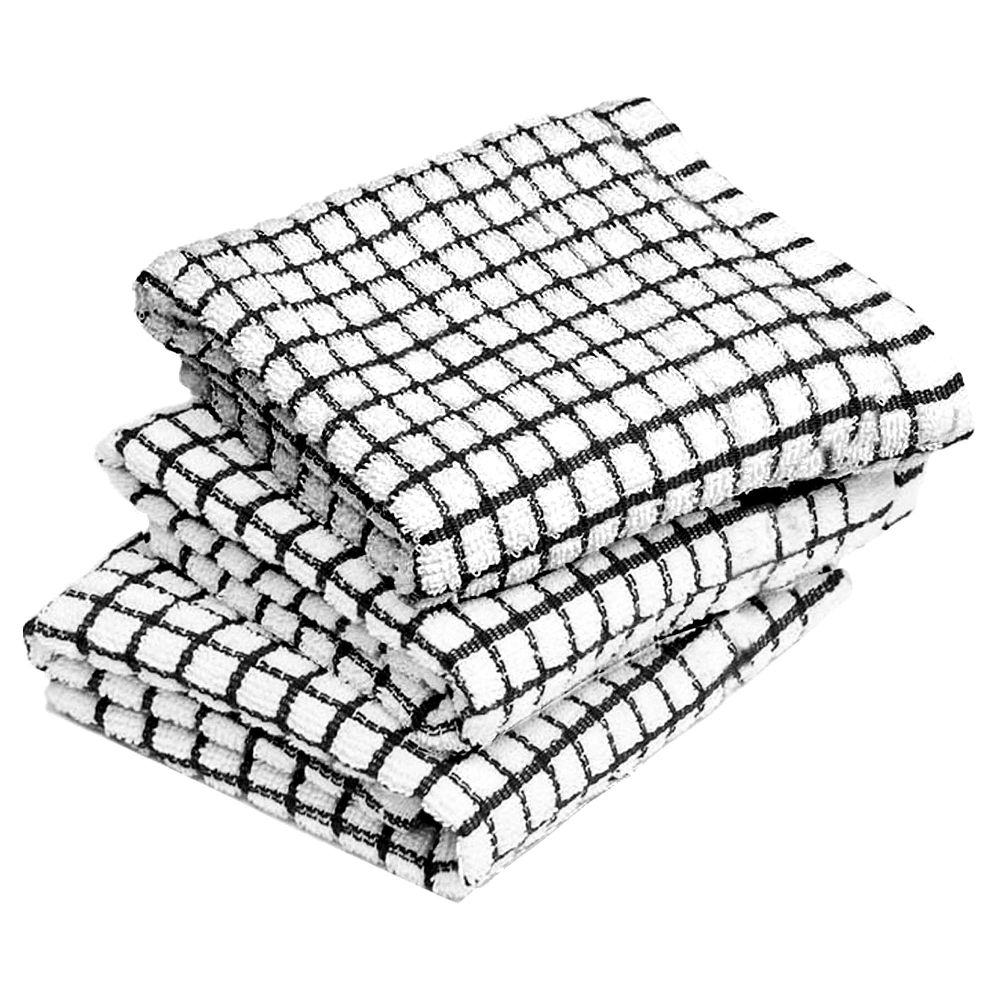 100% Egyptian Cotton Terry Tea Towel Wonderdry Monocheck Black White Kitchen Dish Cleaning Drying Cloth 35cm x 60cm (Black Pack of 3 Small Check) (15.5" x 23.5")
