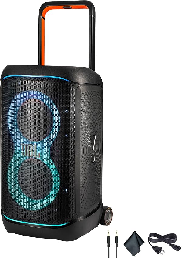 JBL PartyBox 520 Bocina portátil – 400W RMS de potencia | AI Sound Boost | Asa telescópica y ruedas | Batería de 15 horas + cable AUX + paño de microfibra