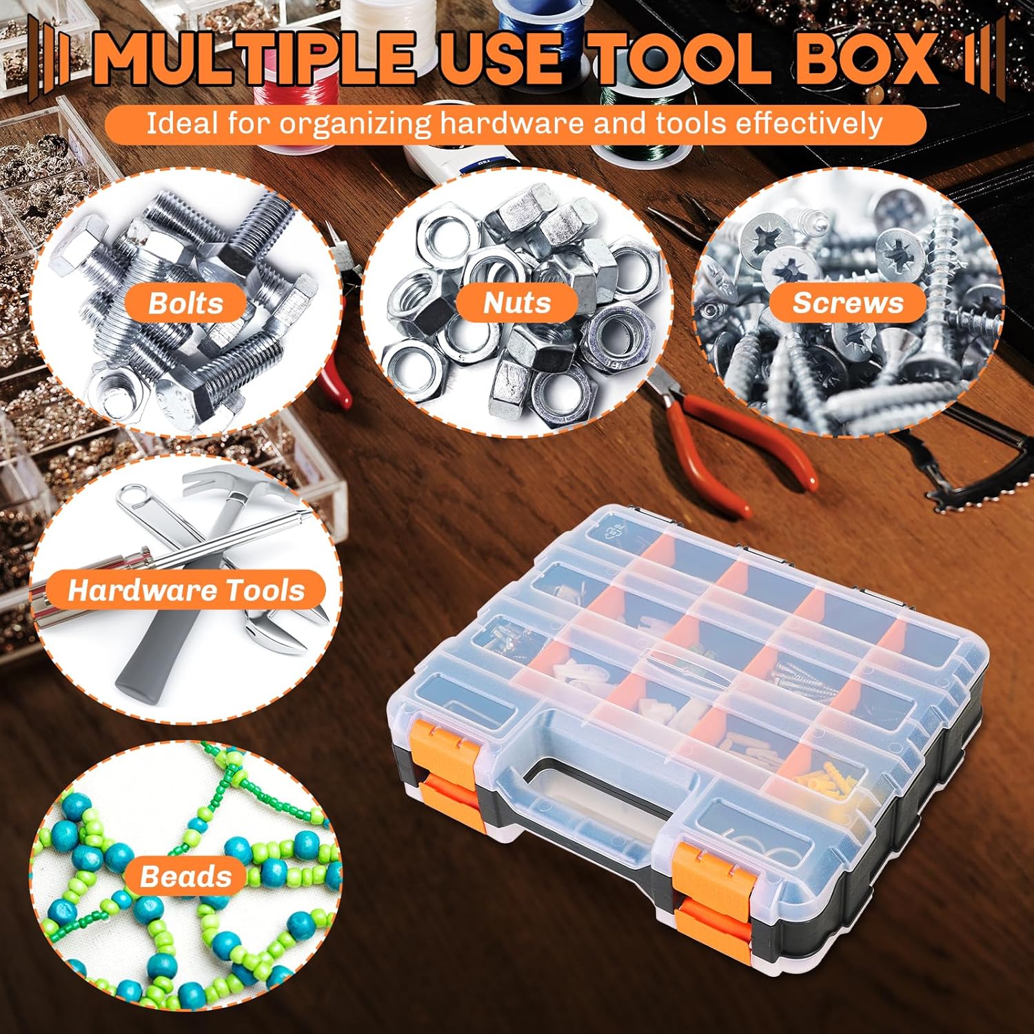 Small Parts Organizer 3 Pack | Storage Case Tools Box 34-Compartments Double Side Organizer Box with Removable Dividers for Small Hardware, Screws, Bolts, Nuts, Nails, Beads, Jewelry