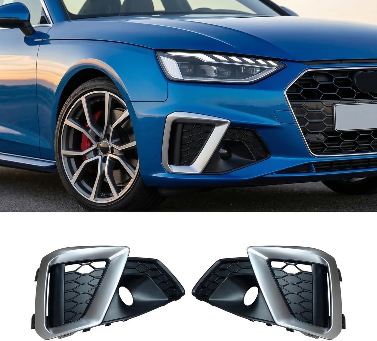 NINTE Front Fog Light Grille Cover Honeycomb Style Compatible with 2020 2021 2022 2023 Audi A4 S4 B9.5 Facelift Models Front Bumper Lower Side Grille Inserts Trim Accessories 1 Pair ABS (Matte Silver)
