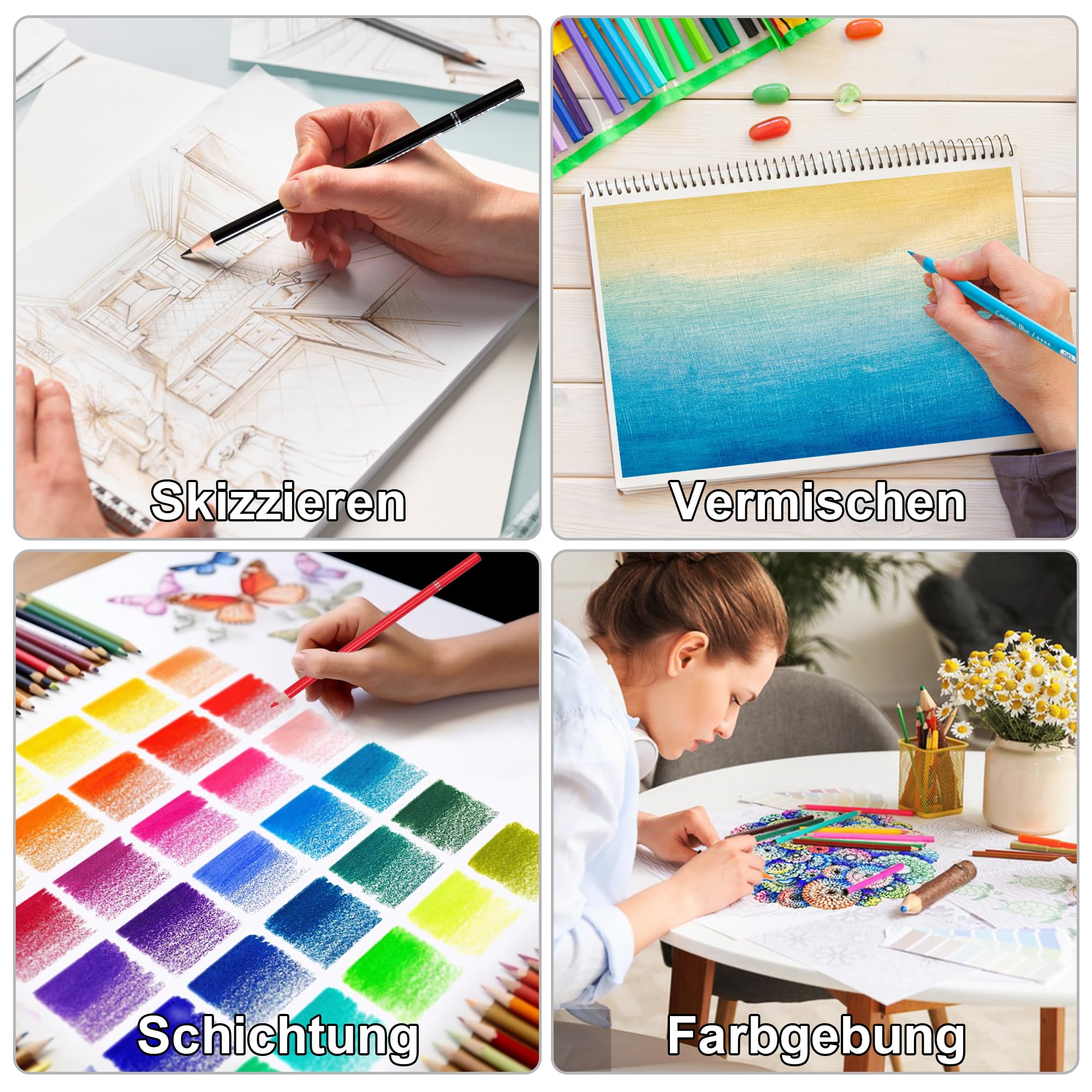 KALOUR PDAS 200 Buntstifte-Set für Erwachsenen-Malbücher mit Tutorial und Farbtabelle, 180 Buntstifte, 12 Aquarellstifte, Kunstbedarf, Geschenk, tragbares Etui mit Reißverschluss