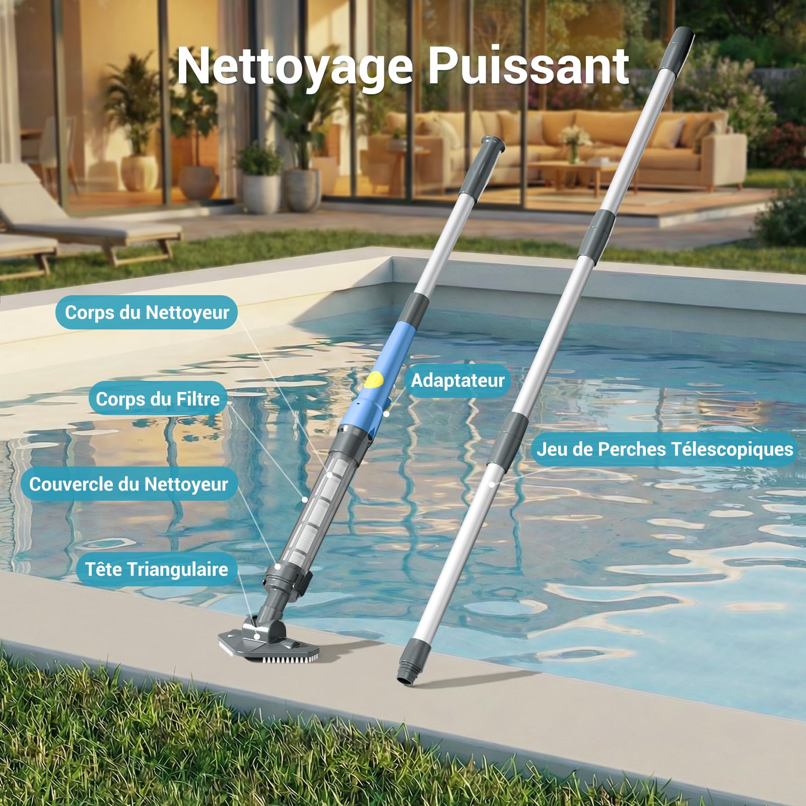Nettoyeur de Piscine sans Fil 2 en 1 Rechargeable, Autonomie 45 Min, Aspirateur Puissant pour Piscines Hors-Sol et Spas, Perche Télescopique 160 cm
