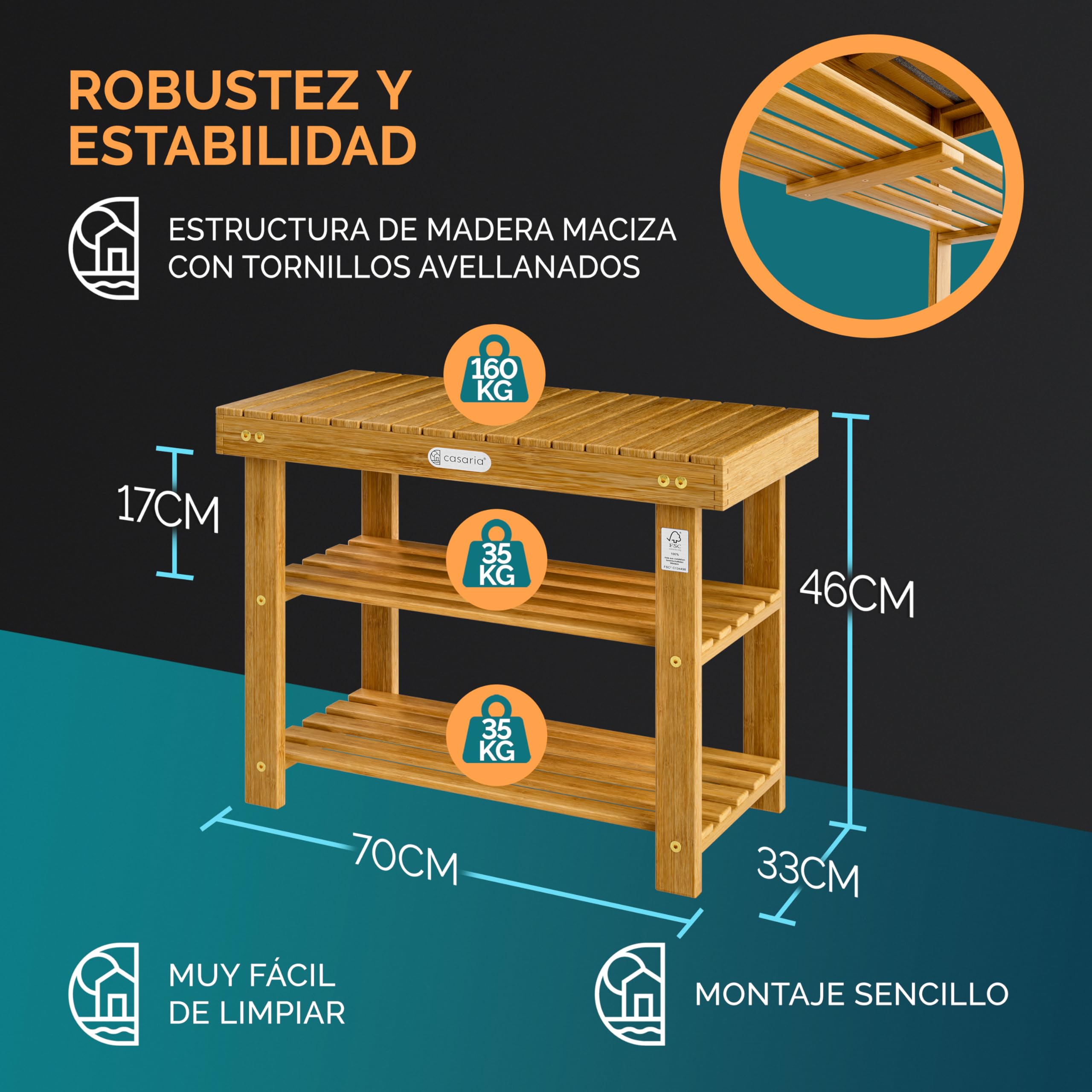 CASARIA® Banco Zapatero Estantería Zapatos 2 Estantes 70x33x46cm 160Kg Certificado FSC® Baño Sala Pasillo Entrada