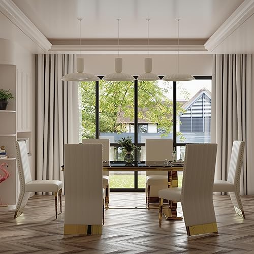 Miniatura 4 de Anewsun Juego de mesa de comedor de 7 piezas, color negro y dorado, mesa de comedor con textura negra con 6 sillas tapizadas de cuero blanco, juego